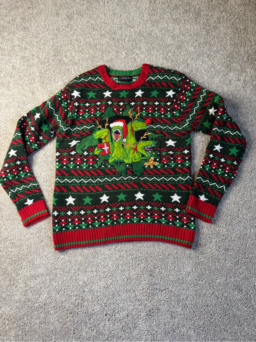 Men's Dinosaur Holiday Green & Red Knit Sweater
